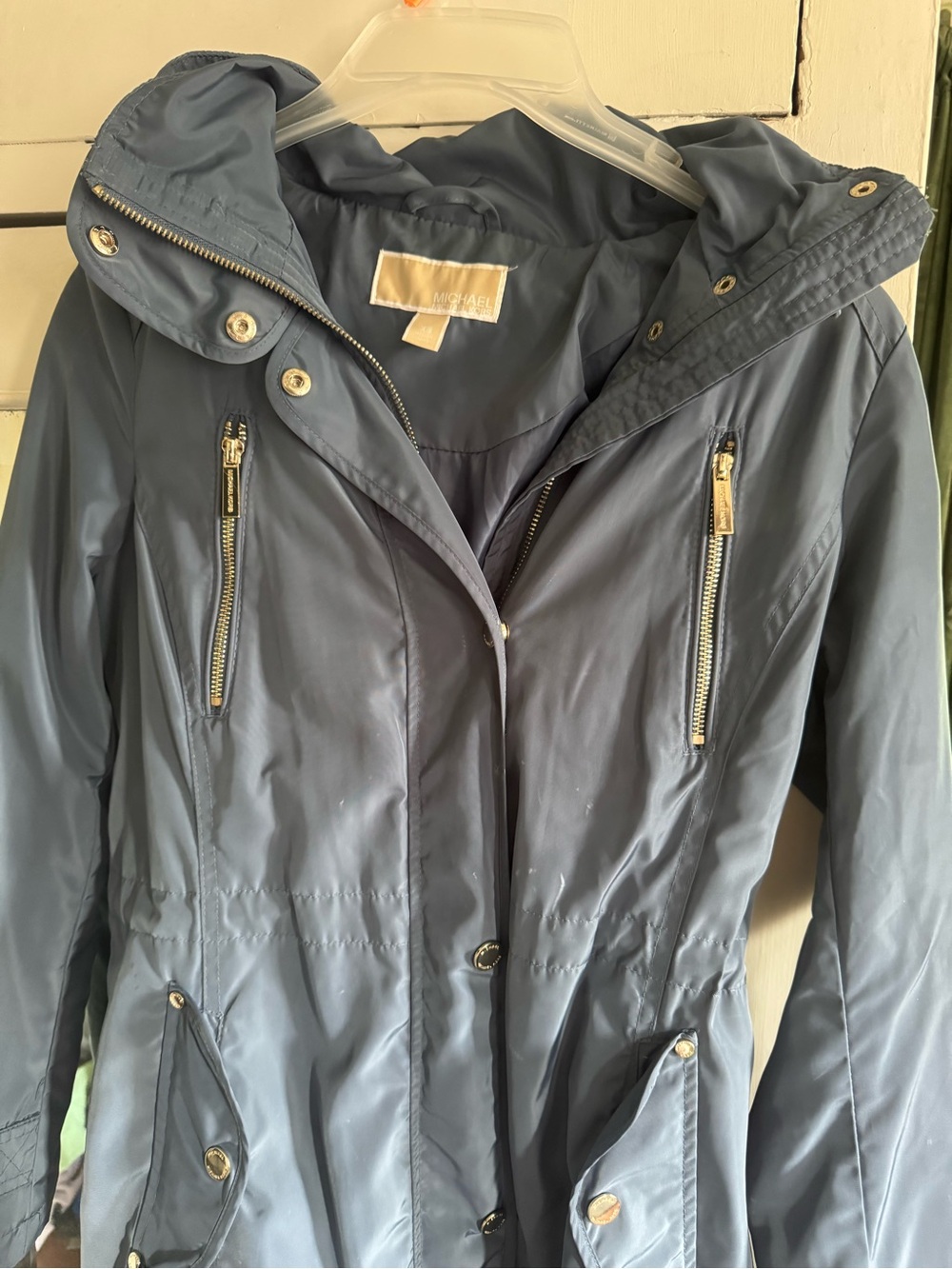 Michael Kors Women's Hooded Navy Trench Coat with Zip Pockets